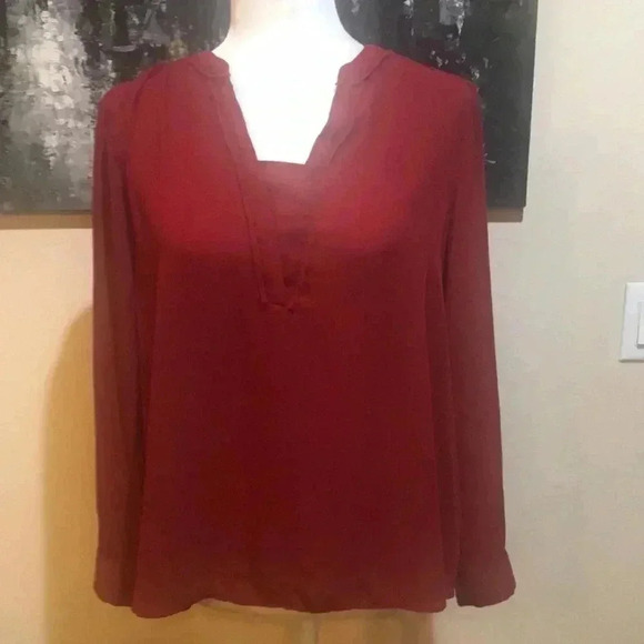 Simply Vera Vera Wang Tops - SIMPLY VERA VERA WANG Burgundy V-Neck Long Sleeve Button Cuff Sheer Top Size PL